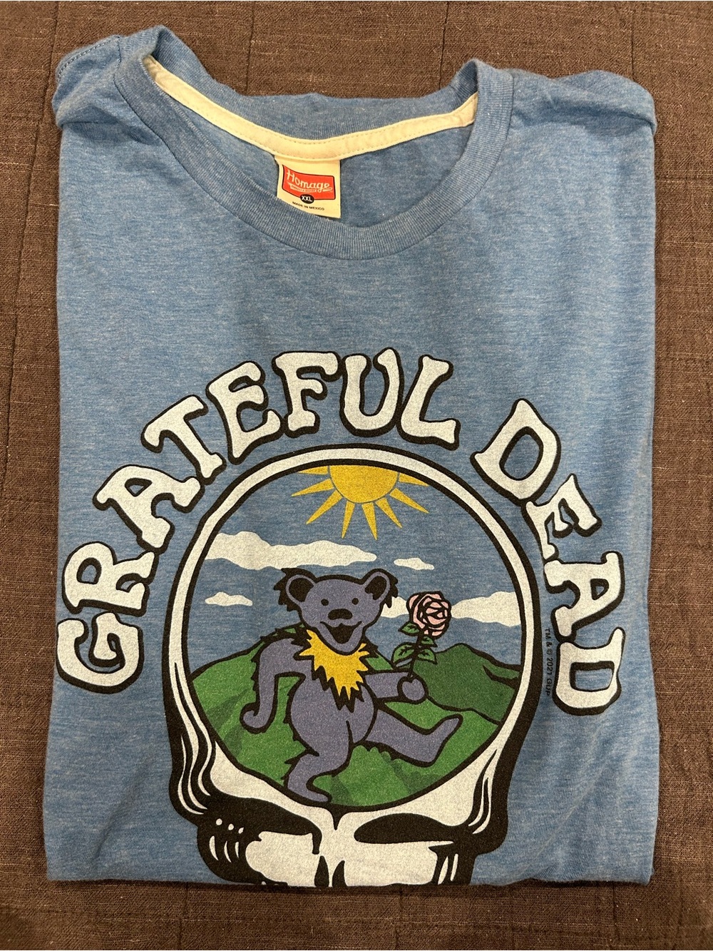 Grateful Dead Blue Short Sleeve Tee with Multicolor Dancing Bear Graphic